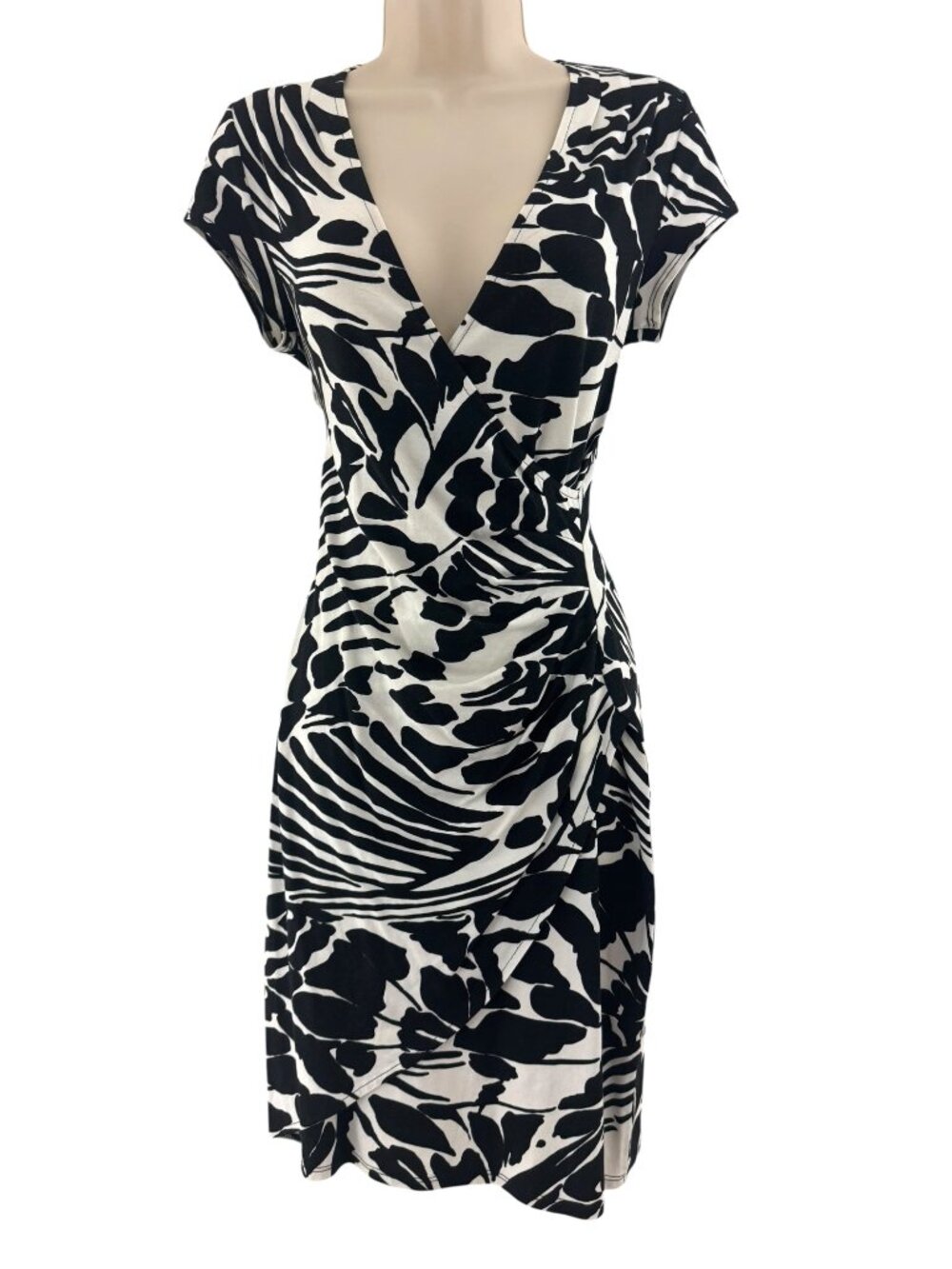 Cache Black & White Faux-Wrap Short Sleeve Dress Size M Soft Knit Stretch Party
